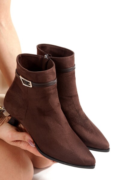 Modabuymus Dark Brown Suede Stone Buckled Short Goblet Heeled Boots Jade
