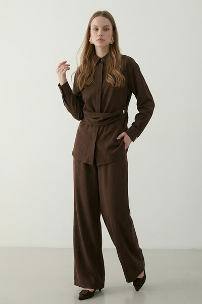My Blog Brown Gold Accessory Buttoned Shirt Pants Set - 8856