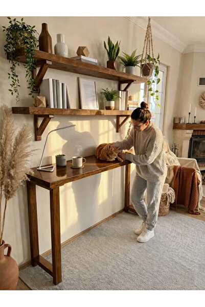 PREMIUM HOME DEKOR 40X140 MASA + 2 RAF DOĞAL AHŞAP ÇİFTKAT VERNİKLİ BAR/KAHVE...