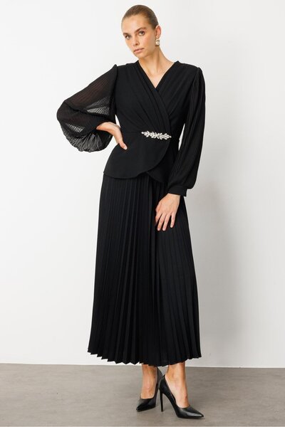 Moda İlgi Eteği Pliseli Elbise 60071 Siyah