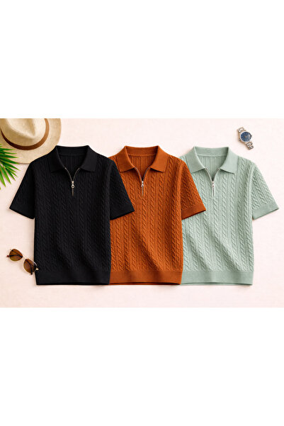 OTAKU Tricou tricotat cu fermoar și guler polo pentru bărbați, set de 3 piese...