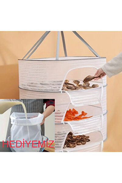 Saatistan 3 Katlı Sebze ve Meyve Kurutma File Aparatı, Hediye Süzgeç ile Set