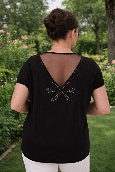 FOR ESRA BIG TREND Women's Plus Size Black Back Tulle Detail Bow Stone Embroi...