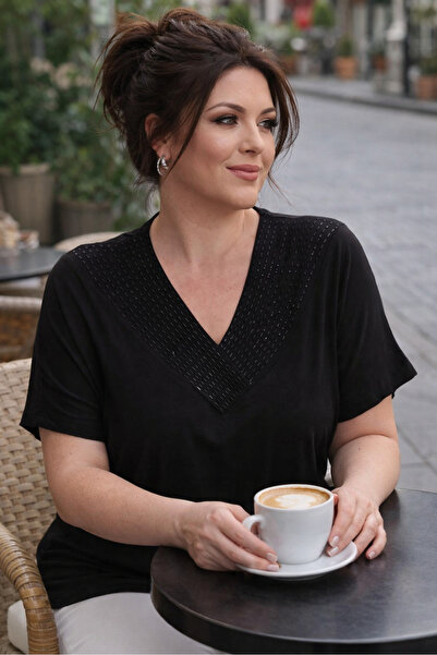 FOR ESRA BIG TREND Women's Black Plus Size V-Neck Row Bead Embroidered E Stre...