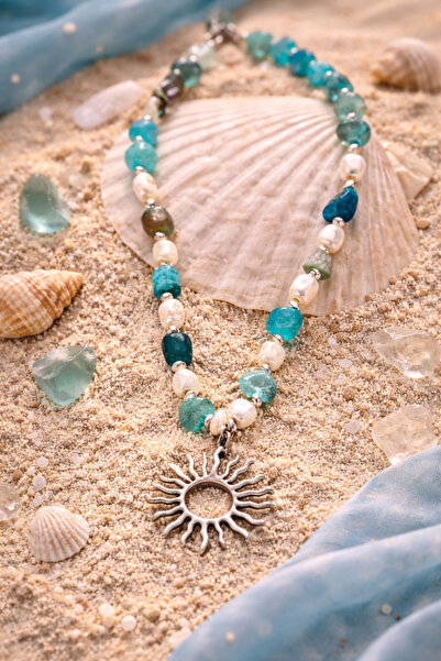 PORSE Sun Charm Necklace with Blue Agate Natural Stone and Real Oyster Pearl