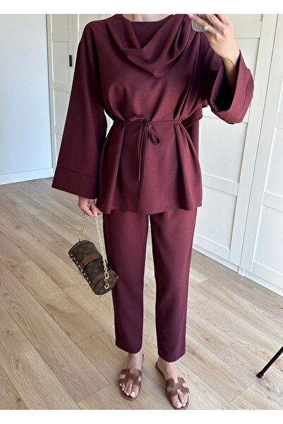 My Blog طقم بلوزة وبنطلون أحمر كلاريت تفاصيل على الياقة - 8752