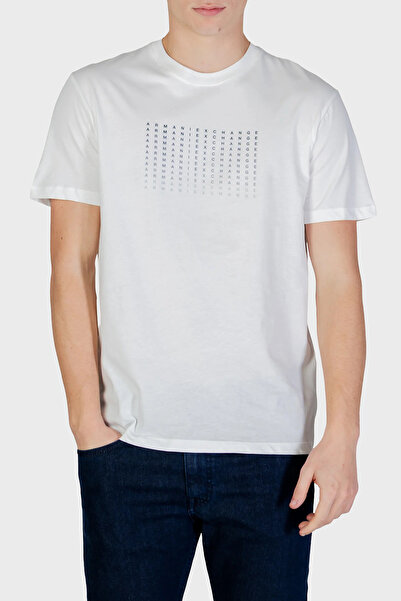 Armani Exchange قطن قطعة تي شيرت رجالي ذو قصة عادية وياقة دائرية بشعار XM0025...