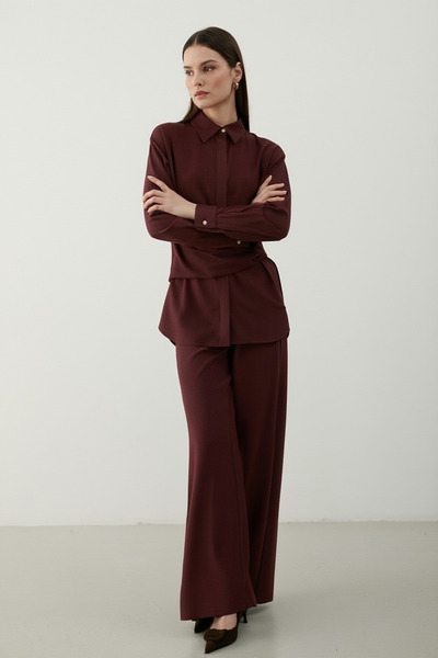 My Blog Bordo Gold Accessory Buttoned Shirt Trouser Set - 8856