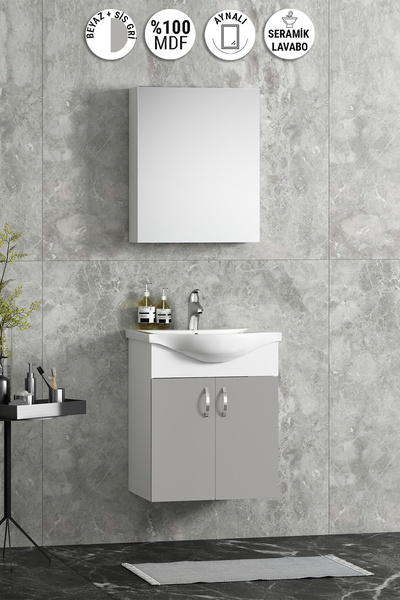 ÖZCEDEN Yıldız 50 cm Sis Gri MDF Seramik Lavabolu Asma Banyo Dolabı Takım