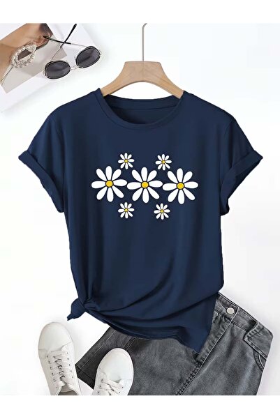Trend Sizde Unisex Navy Blue 7Lipapatya Printed Crew Neck T-Shirt
