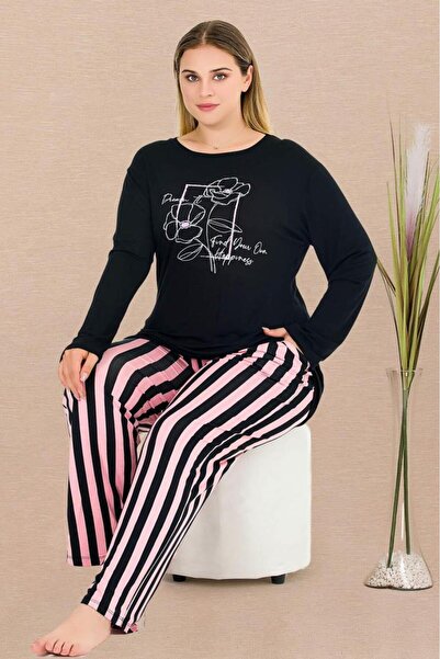 by İGP Black Pink Striped Long Sleeve Plus Size Pajama Set