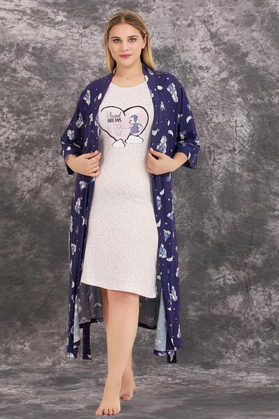 by İGP Navy Blue Robe Plus Size Nightgown Set