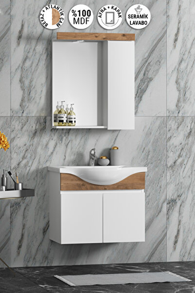 ÖZCEDEN Yıldız 55 cm Beyaz Atlantik Çam MDF Seramik Lavabolu Asma Banyo Dolab...