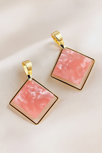ahsenaksesuar2025 Pink Marble Patterned Gold Color Square Framed Steel Earrin...