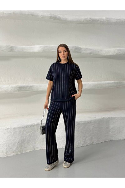 BE CHİC Women's Dark Blue Striped Stone Embroidered Fashion Modal Mi̇um Fabri...