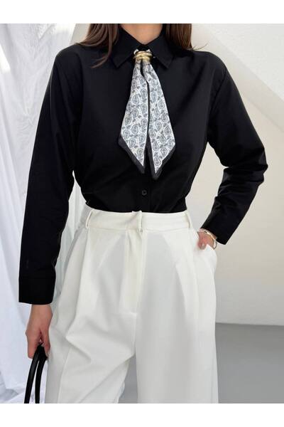 BE CHİC Cămașă de damă din țesătură poplin, cu eșarfă, croială confortabilă, ...