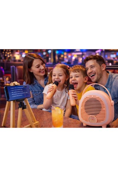 hediyeconcepti Çocuk Karaoke Mikrofon Seti Bluetooth Hoparlör Ahşap Tripod Telefon Standlı Retro Pembe Karaoke