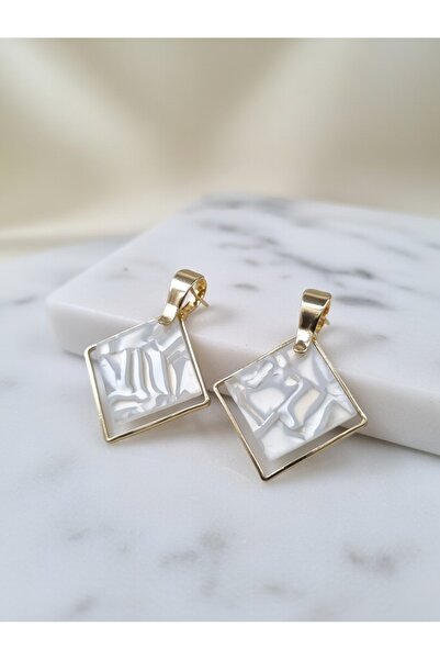 ahsenaksesuar2025 White Marble Patterned Gold Color Square Framed Steel Earri...