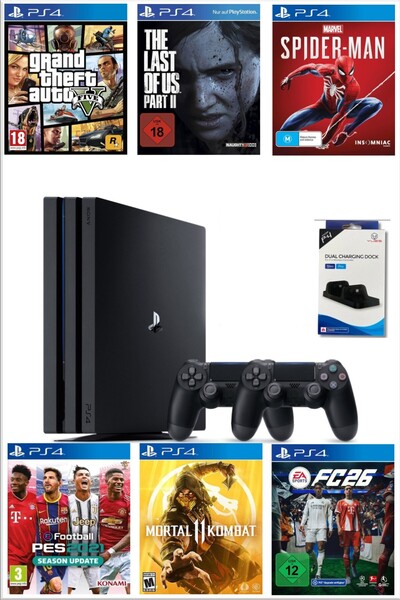 Sony Playstation 4 Pro 1 TB + 2 Ps4 Kol+ Kol Şarj Standı +25 Dijital Oyunlu(Y...