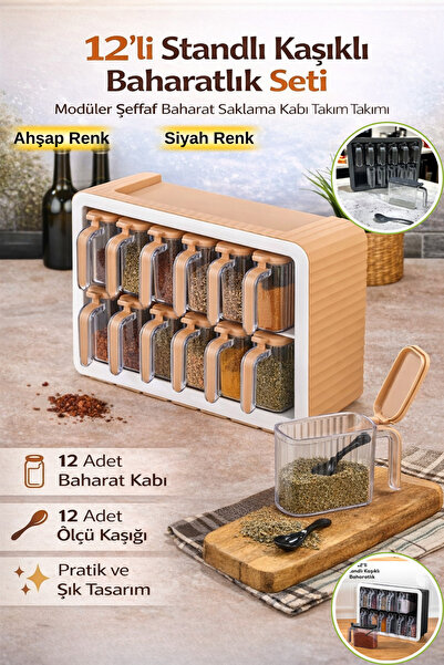Hane Dostu 12’li Standlı Kaşıklı Baharatlık Seti – Ölçü Kaşıklı, Mutfak Düzen...