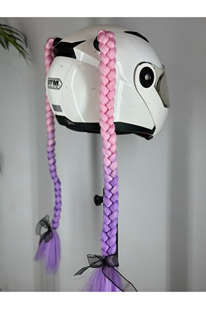Butik Motor & Motosiklet Pembe Lila Ombreli Çift Örgü Saç Kask Dış Aksesuar