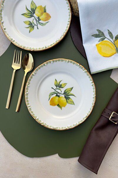 Saatistan Green Garden Mat Altın Yaldızlı 6 Kişilik Limon Desenli Porselen Pa...