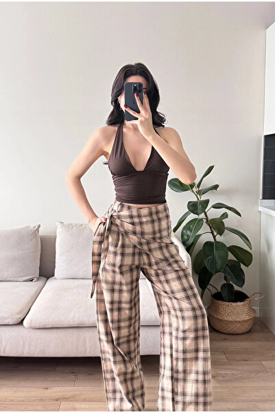 Zoom Butik Bel Fular Ekose Pantolon - KAHVE
