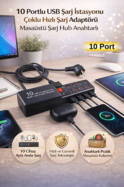 Hane Dostu 10 Portlu USB Şarj İstasyonu Çoklu Hızlı Şarj Adaptörü Masaüstü Şa...