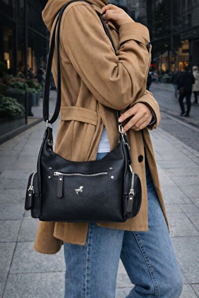 ÇANTAM GELSİN Miami Polo Women's Black Multi-Compartment Shoulder Bag and Mes...