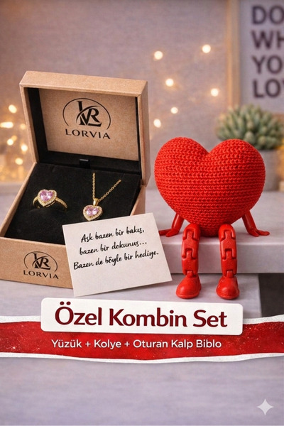 Lorvia طقم خاتم وقلادة على شكل قلب ذهبي وردي من الفولاذ عيار مرصّع بالأحجار -...