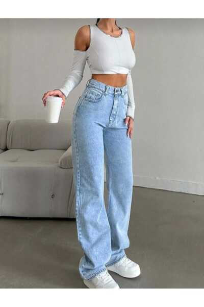 BİENAL BUTİK Julitya Ženske svetloplave Visok struk Palazzo farmerke široke k...