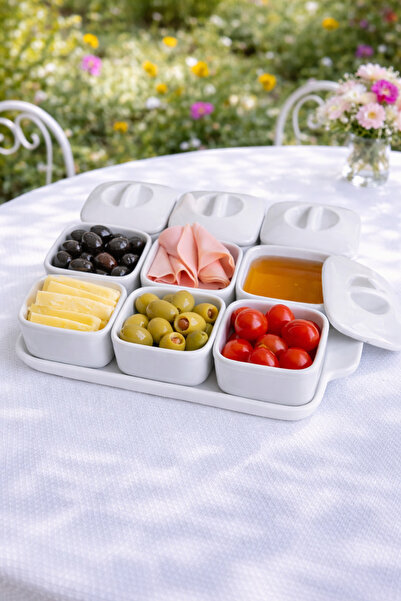 Saatistan 6’lı Porselen Kahvaltılık Set, Kapaklı, Tepsili, Reçellik ve Zeytinlik