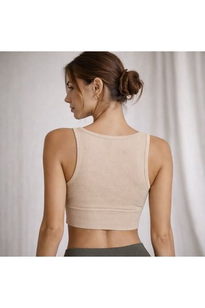 Enva Store Women's Rib Knit Strap Top Corded Fabric Cropped Beige
