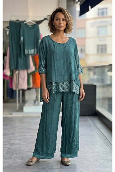 Rabiossa Women's Blouse Pants Silk Set