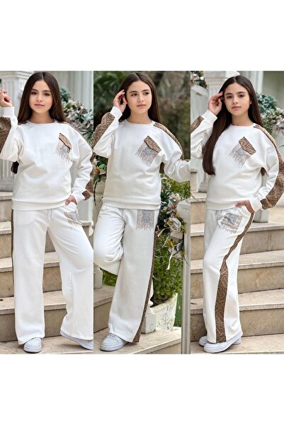 zavera for kids Girl's Stone and Striped Detail Two-Piece Tracksuit Set - 3 Y...