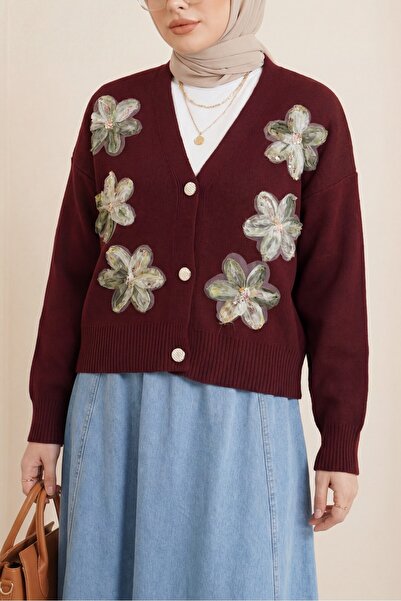 Modamorfo Buttoned Knitwear Cardigan with Sequins and Floral Details on the F...