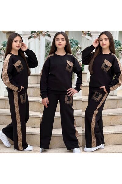 zavera for kids Girl's Stone and Striped Detail Two-Piece Tracksuit Set - 3 Y...