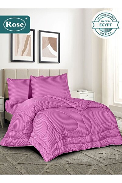 Rose Microfiber Hotel Stripe Comforter Set 4 Pcs, Fits 120x200 cm Single Bed,...