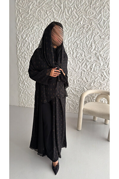 OZA Sheer Floral Printed Abaya with Matching Veil – Elegant Black Modest Abaya