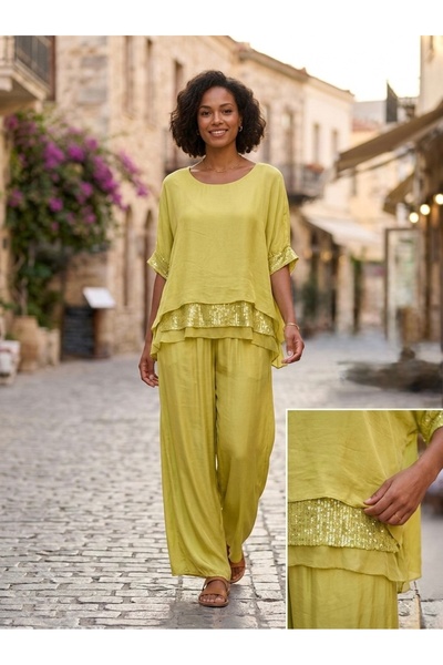 Rabiossa Women's Blouse Pants Silk Set