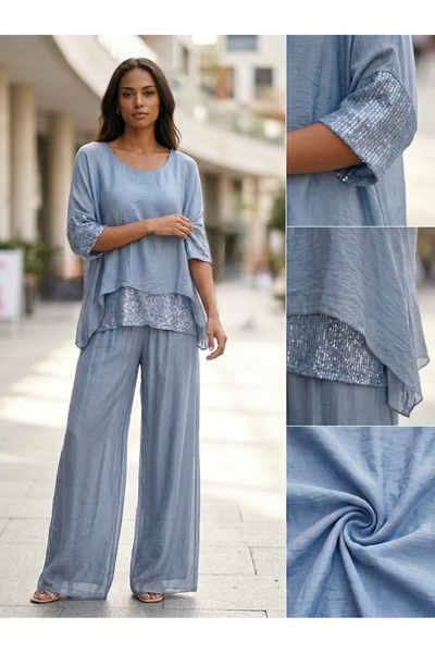 Rabiossa Women's Blouse Pants Silk Set