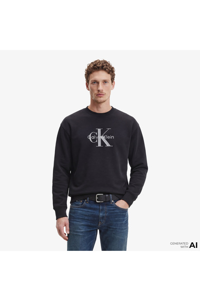 Calvin Klein Erkek Bisiklet Yaka Büyük CK Desen Uzun Kol Pamuklu Regular Fit ...