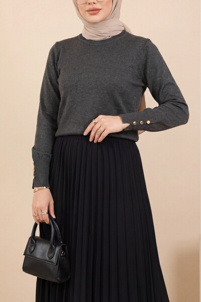 Modamorfo Round Neck Knitwear Tunic with Button Detail on the Sleeve - Smoked