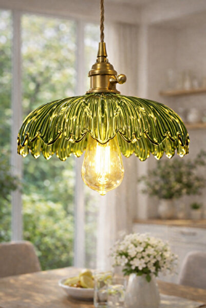 moontime alaçatı Şık Yeşil Cam Klasik Sarkıt Tekli Avize, Modern ve Şık Tasarım