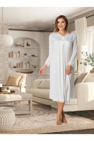 Effortt Dvina Lohusa Hamile Lace Detailed Long Sleeve Nightgown - Ecru