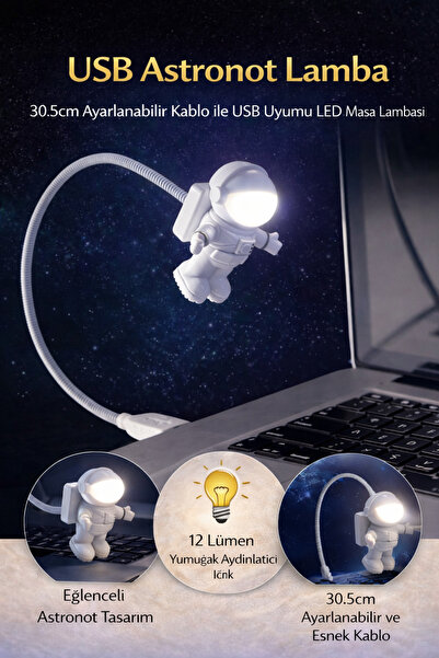 Hane Dostu USB Astronot LED Masa Lambası – Esnek Kablolu, USB Girişli Mini Ge...