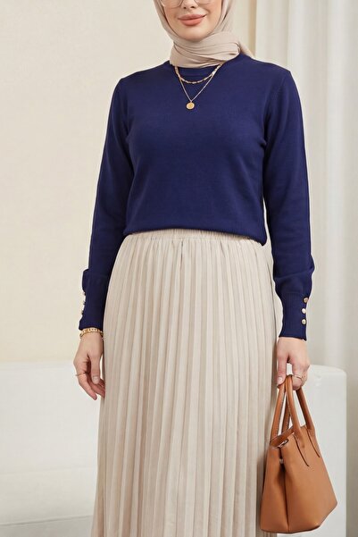 Modamorfo Round Neck Knitwear Tunic with Button Detail on the Sleeve -Indigo