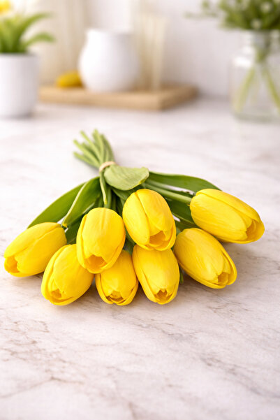 ALSHOP Sararmaz Yapay Lüks Islak Dokulu Eva 8'li Lale Buketi