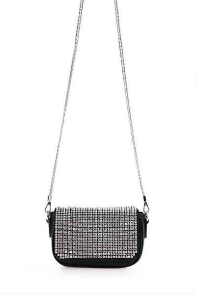 ÇÇS أسود نسائي مرصّع بالأحجار حمالة سلسلة قطعة حقيبة كتف 17053