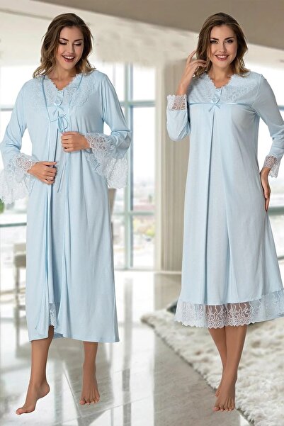 Effortt Dvina Maternity Lace Detailed Long Sleeve Dressing Gown and Nightgown...